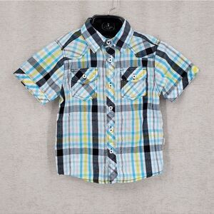 Torque Boys Short Sleeve Plaid Shirt – Blue, Yellow & Black Western